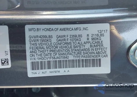 2018 Honda Accord Ex-L z USA, uszkodzony, nr VIN 1HGCV1F58JA070642
